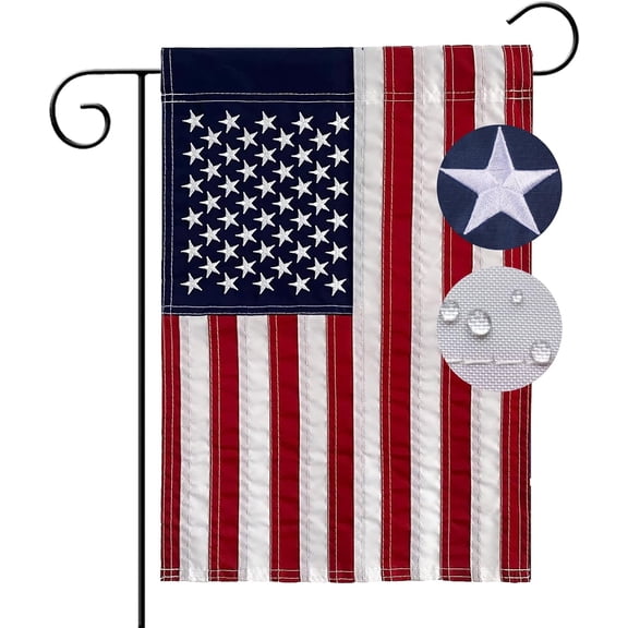 Embroidered American Garden Flag for Outside 12 x 18, Heavy Duty, High Wind Resistant, Waterproof, Sewn Stripes and Stars