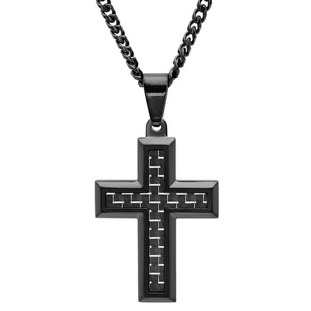 Men's Black IP Stainless Steel Carbon Fiber Cross with 24 Curb Chain - Mens Pendant