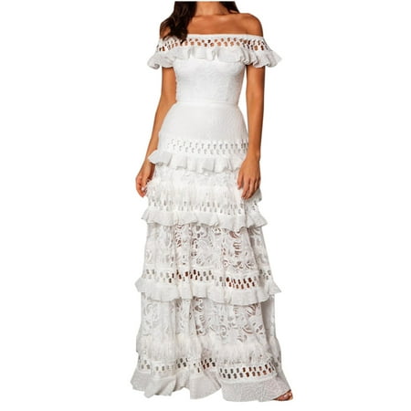 

Red Dresses for Women Plus Size Dress for Women Women Lace Summer Maxi Dress Stapless Cascading Ruffle Dress Hollow Out Female Party Dresses Night Club Dress Pants Women White L