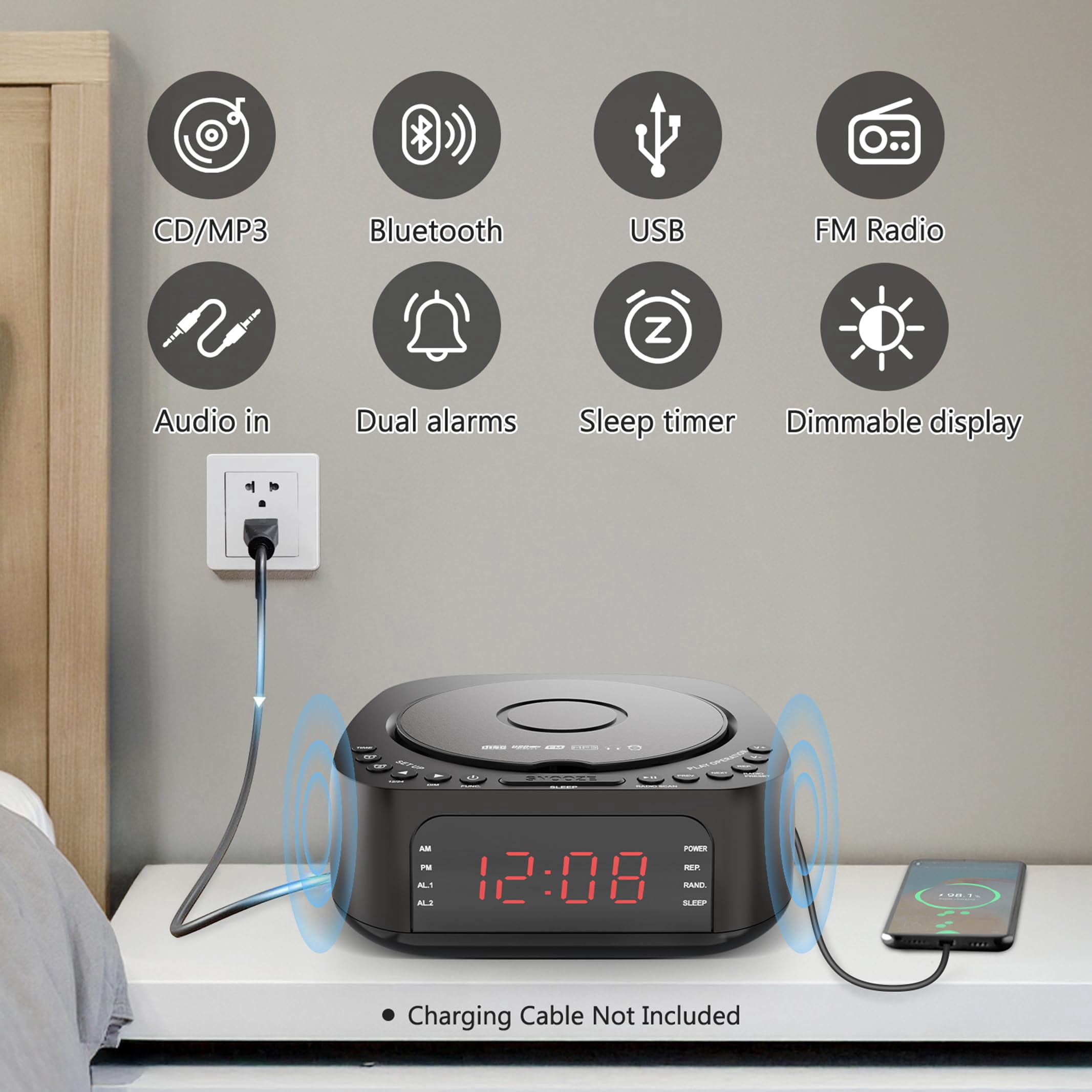 Nidemao CD Player Alarm Clock with Remote Control: Supports CD/MP3 playback, Bluetooth, FM radio, speaker, USB charging, and dimmable display. Suitable for bedrooms – dual alarm clocks, selectable ri