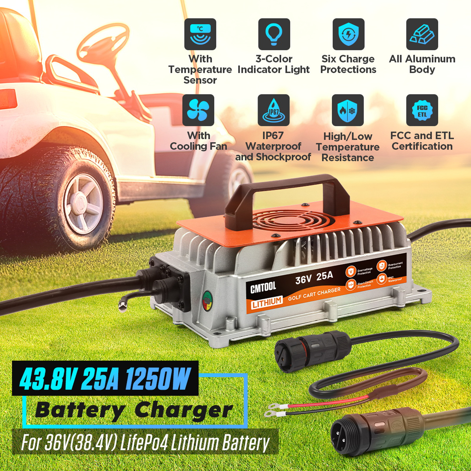 DUOYI 36V 25A Smart Golf Cart Battery Charger -1250W Fully Automatic Trickle Lithium Charger with IP67 Waterproof Rating ,Orange