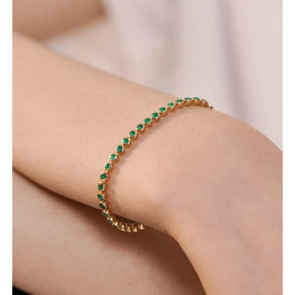 Women's S925 Sterling Silver Created Emerald Stone Tennis Bracelet Gold-Plated Green Stone Tennis Bracelet