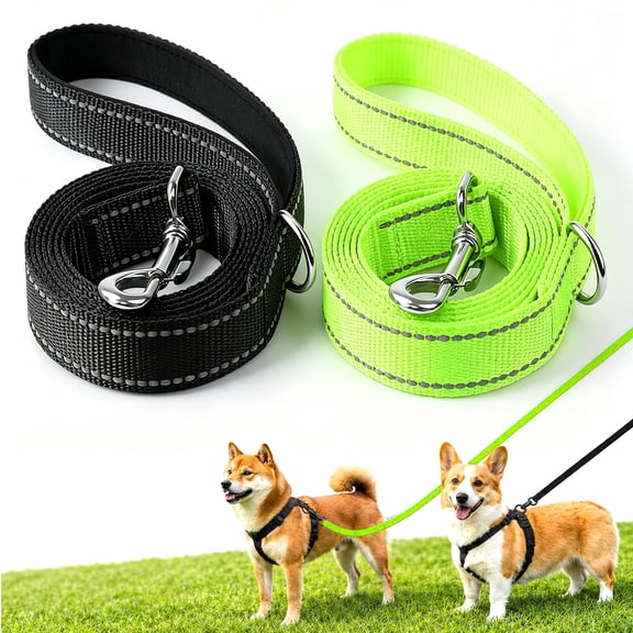 Square 2Pcs Dog Leash Set - Black & Fluorescent Green with Double-Sided Reflective Stitching for Day & Night Safety, 6FT Padded Handle Heavy Duty Nylon Leashes for Medium & Large Dogs