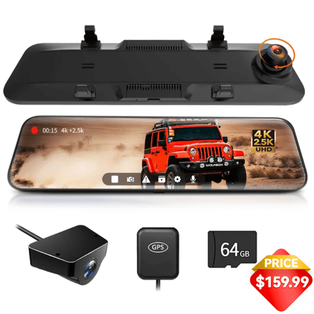 WolfBox 12" Rear View Mirror Dash Cam, 4K Mirror Dash Cam Front and 2.5K Rear Camera, Rearview Dash Camera for Car with WDR, Night Vision, Free 64GB Card & GPS
