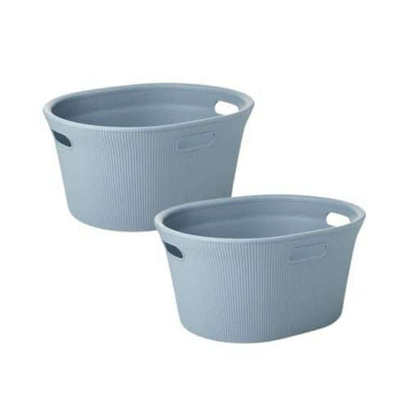 Decorative Plastic Laundry Basket with Cut-Out Handles, Blue (2 Pack) Hamper Organzier for Bedroom Bathroom College Dorm Room - Ribbed Design 35 Liter