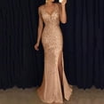 thumbnail image 2 of Women Dress Women's Sequin Prom Party Ball Gown Sexy Gold Evening Bridesmaid Neck Long Dress Gold qILAKOG Size L, 2 of 6