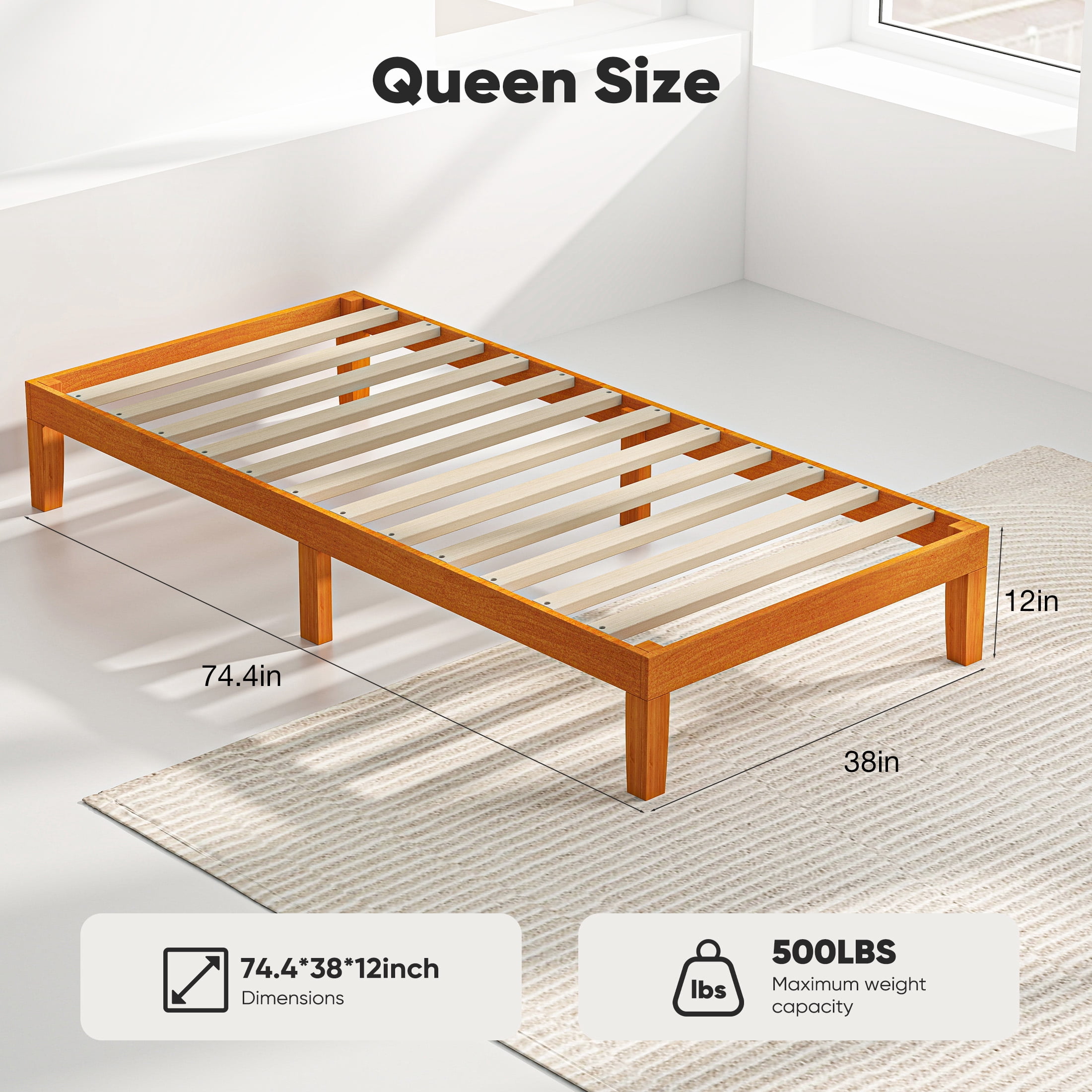 JIOABL Twin Size Wood Bed Frame, 12in Wooden Platform Bed Frame with Support Slats, No Spring Needed, Storage Space Under Base, Natural Pine