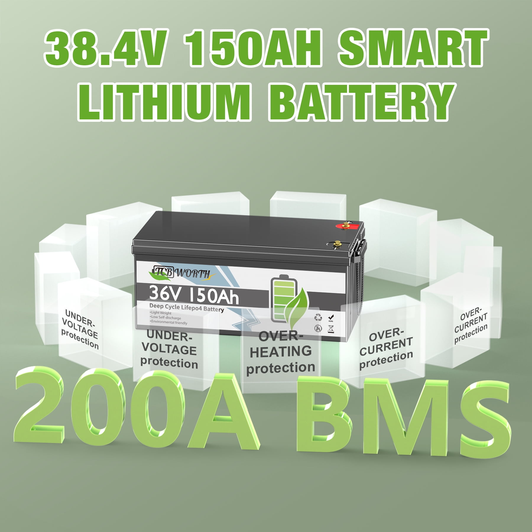 36V 150Ah LiFePO4 Lithium Battery Bluetooth,TCBWORTH Golf Carts Battery for RV,Marine,Trolling Motor,Solar,Boat,Camper,Smart 200A BMS,15000+ Deep Cycles