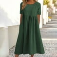 thumbnail image 2 of Cotton Linen Dress Womens Summer Short Sleeve Round Neck Loose Pleated Midi Dresses with Pockets Solid Color (M, Green), 2 of 6