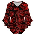 thumbnail image 5 of Paisley Pattern Red On Black Background Bandana Women's V-Neck Blouse With 3/4 Ruffled Bell Sleeves Casual Top Ladies Blouses, 5 of 7