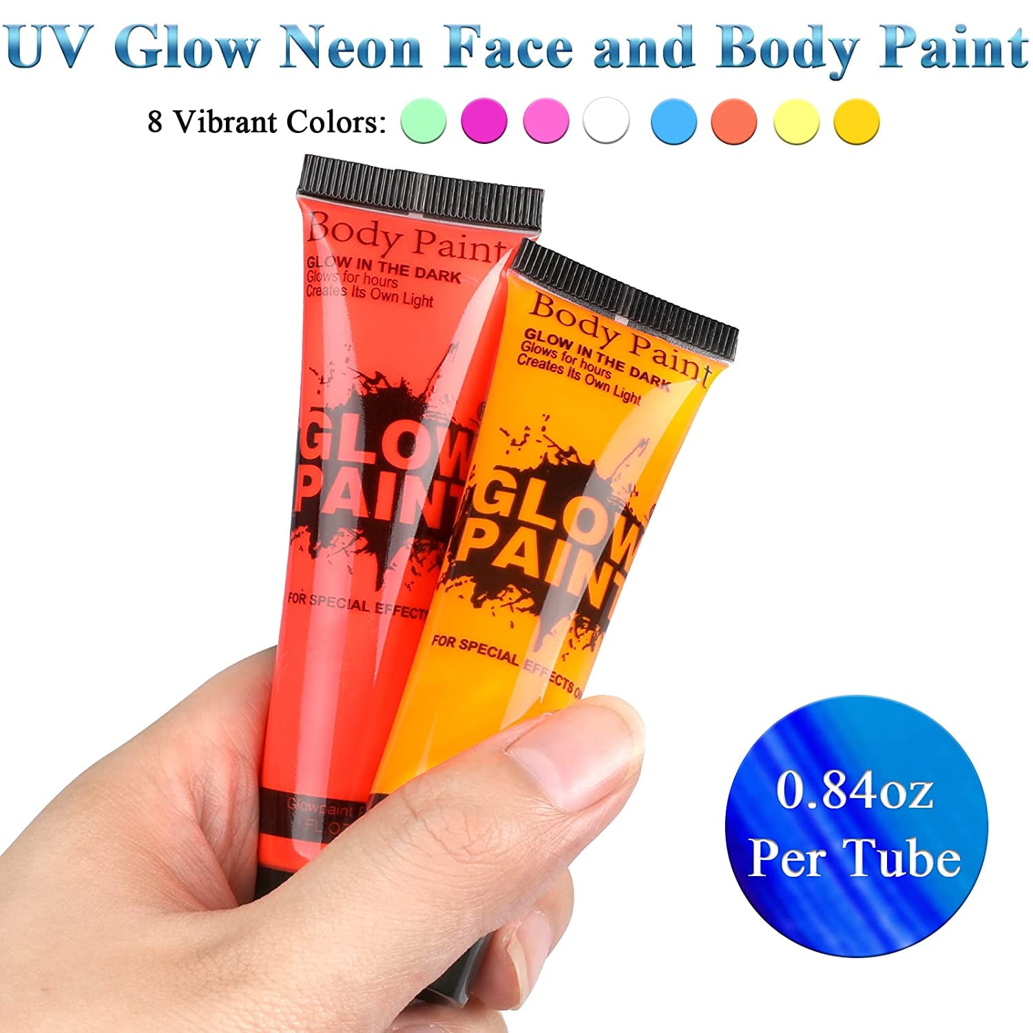 HUART Body Paint, 8 Tubes 0.84oz Glow in the Dark Face Paint, 8 Colors