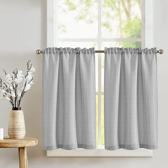 Curtainking Light Grey Kitchen Curtains 36 inch Linen Textured Cafe Curtains for Bathroom Farmhouse Light Filtering Tier Curtains Rod Pocket 2 Panels