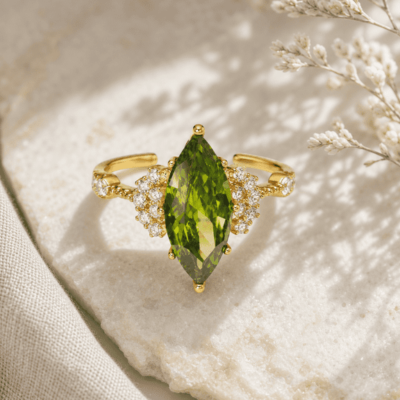 Women's Adjustable Emerald Green Marquise Cubic Zirconia Ring, Gold Tone