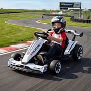 Wisairt 24V 10Ah Kids Electric Go Kart Drift Car, 360° Drift Ride on Toy with 800W Motors, 7.5 MPH, Adjustable Length, LED Lights, Drift Racing Kart for Big Kids 6-12 Years Old, 135 LBS, White