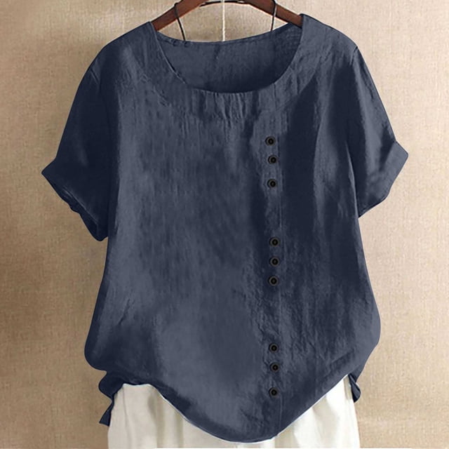 Blouses pour Femmes, T-Shirt à Manches Courtes et Col Rond d'Été pour Femmes, Mode Décontractée Imprimée avec Boutons