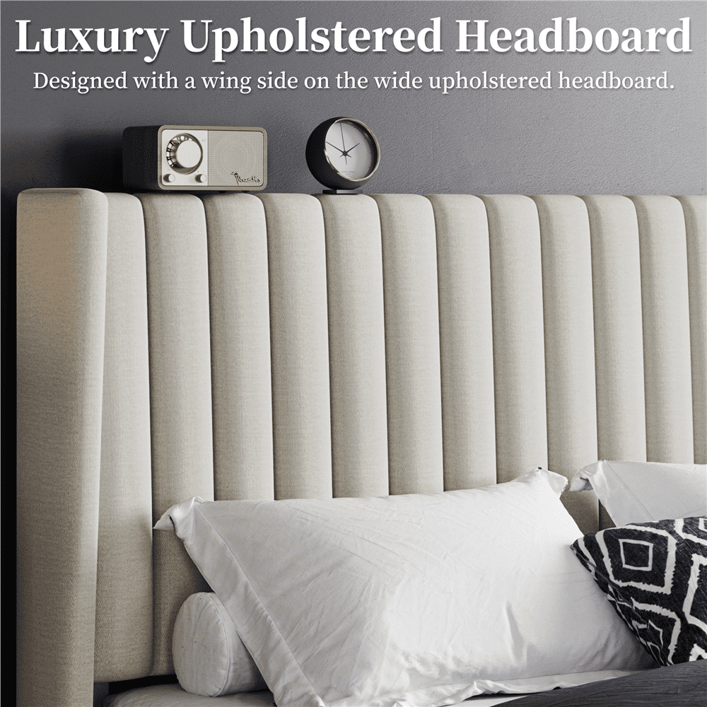 Fullfurnique Lit Rembourré avec Tête de Lit à Oreilles Design a Cannelures, Taille Queen, Ivoire