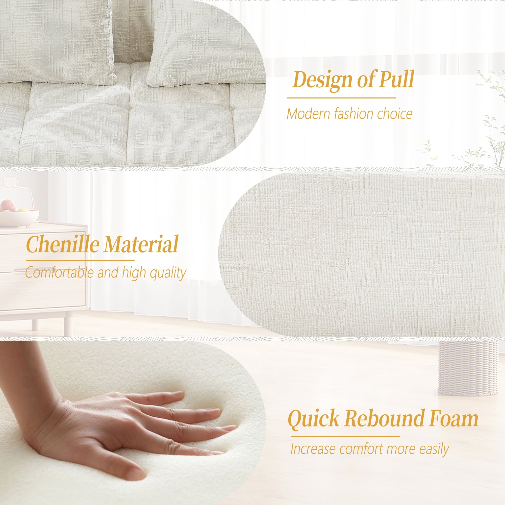 MOONMISS Chenille Upholstered Modern 2-Seater Lazy Compression Sofa with Small Side Pocket-Beige