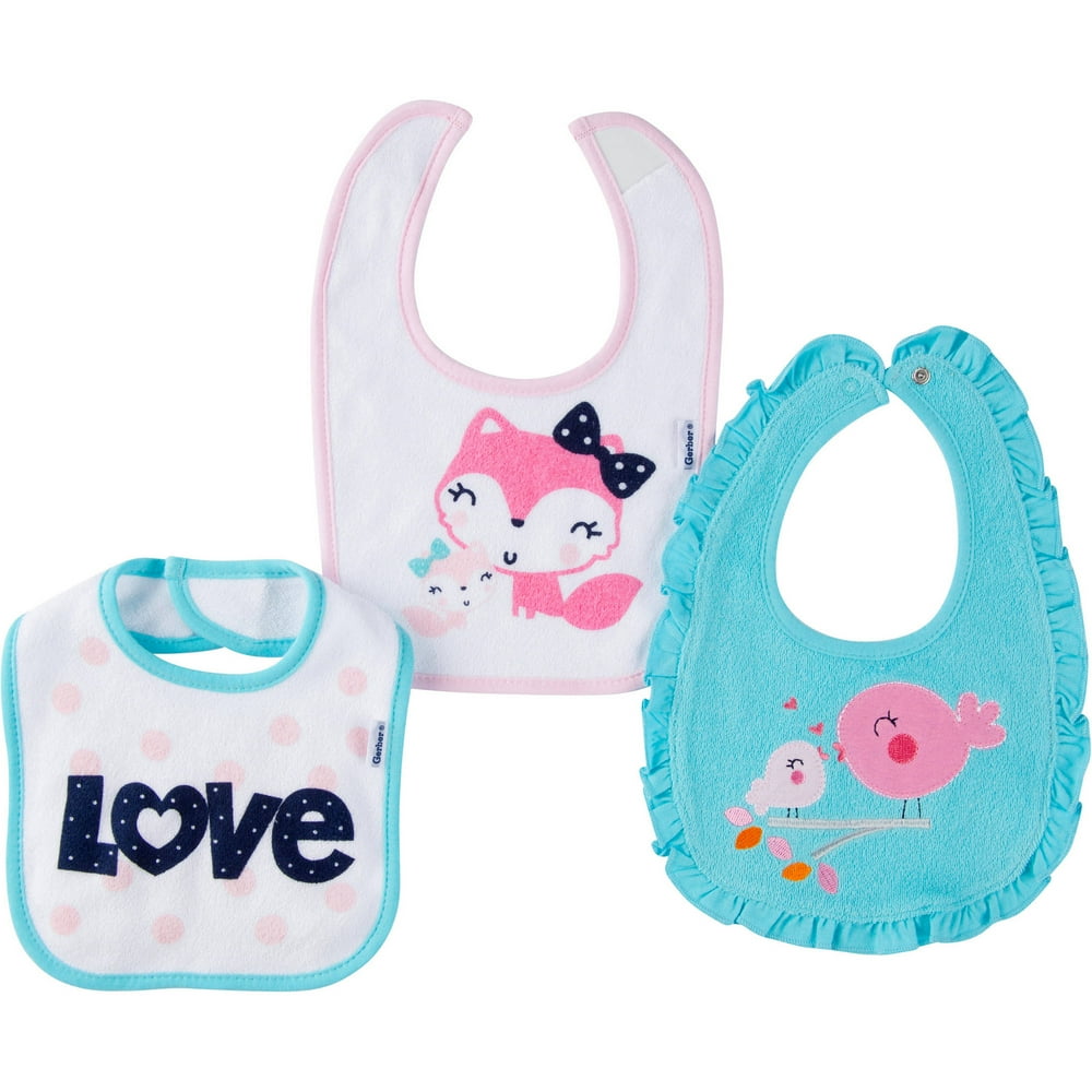 Gerber Newborn Baby Girl Terry Bibs, 3Pack