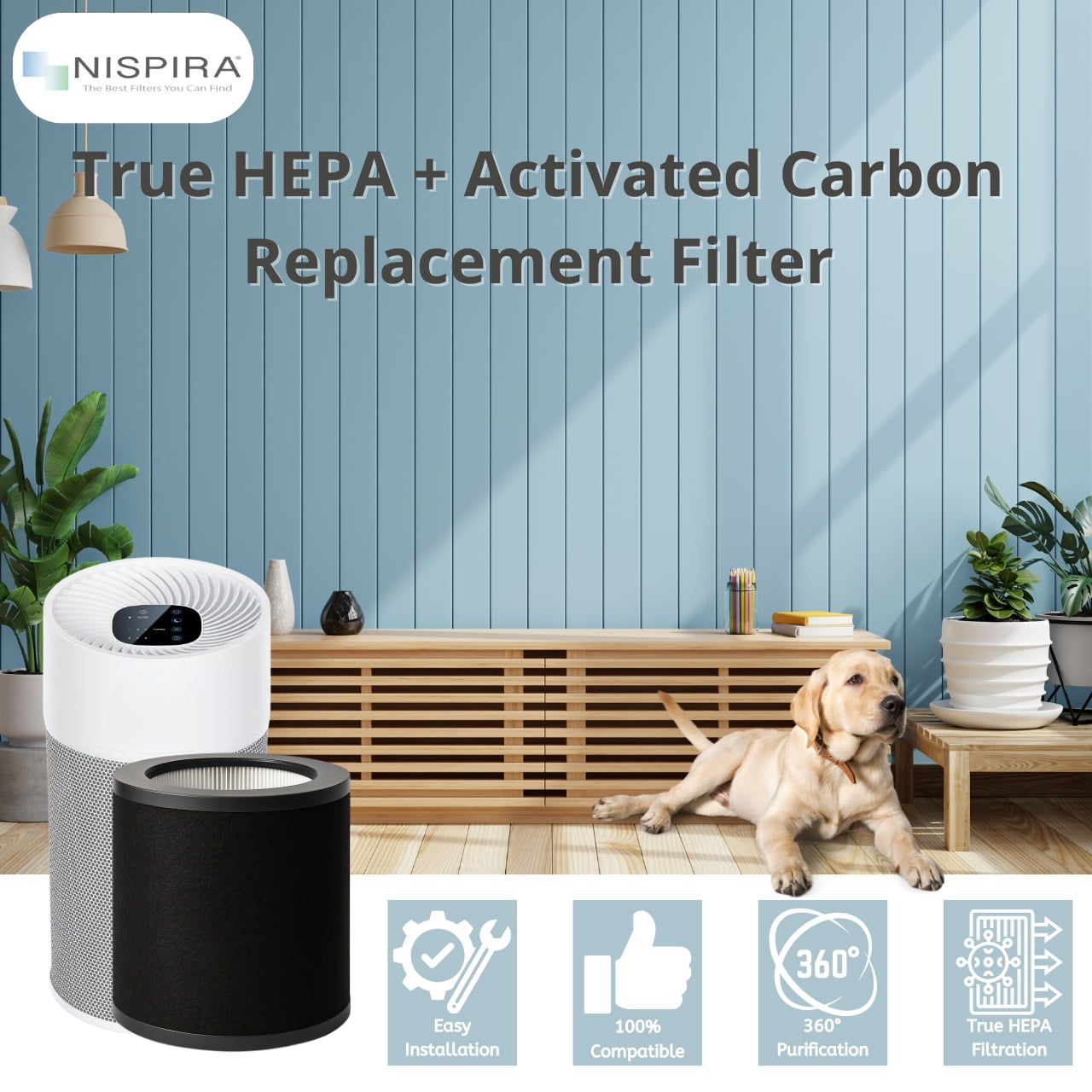 Nispira 2-in-1 True HEPA Replacement Filter for Air Purifier | Compatible with TaoTronics TT-AP008 | Remove Smoke, Dust, Pollen | 2 Pack