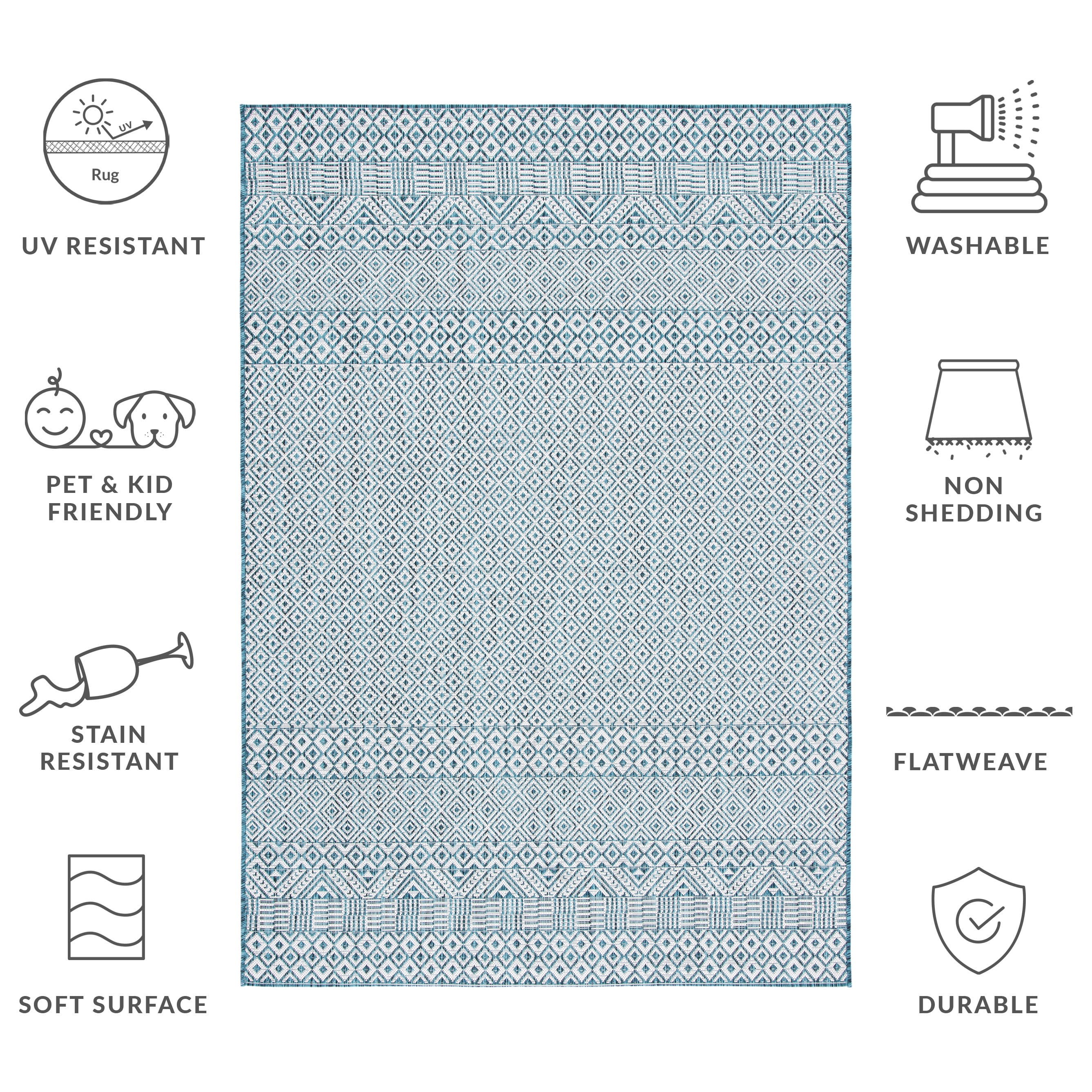 SAFAVIEH Courtyard Evander Geometric Indoor/Outdoor Area Rug, Ivory/Aqua, 4' x 5'7"