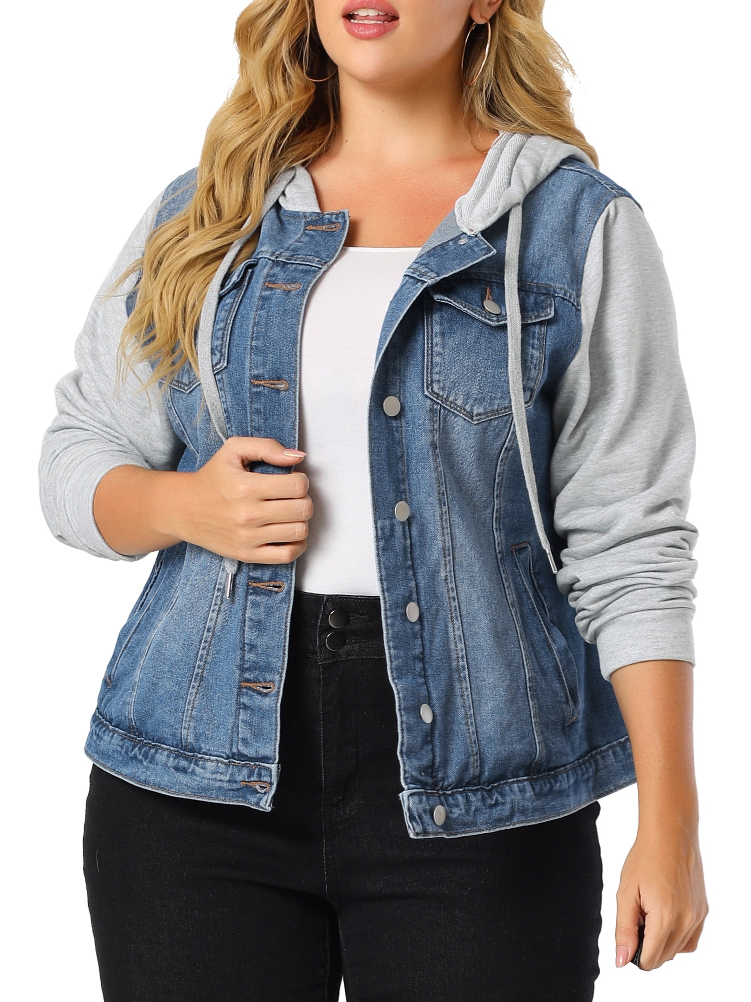 Unique Bargains Women's Plus Size Jean Drawstring Hood Denim Jacket