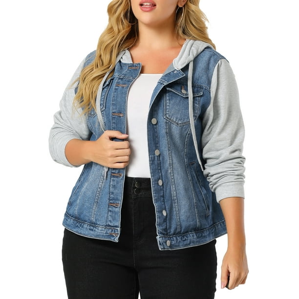 Unique Bargains Women's Plus Size Jean Jacket Drawstring Hood Denim Jacket Walmart.com