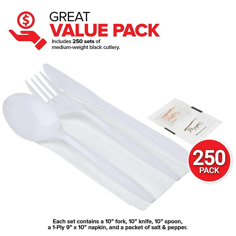 250 Plastic Cutlery Packets - Knife Fork Spoon Napkin Salt Pepper