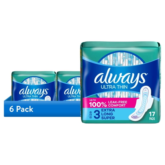 (6 pack) Always Ultra Thin Pads with Wings, Size 3, Extra Long Super, 17 Count