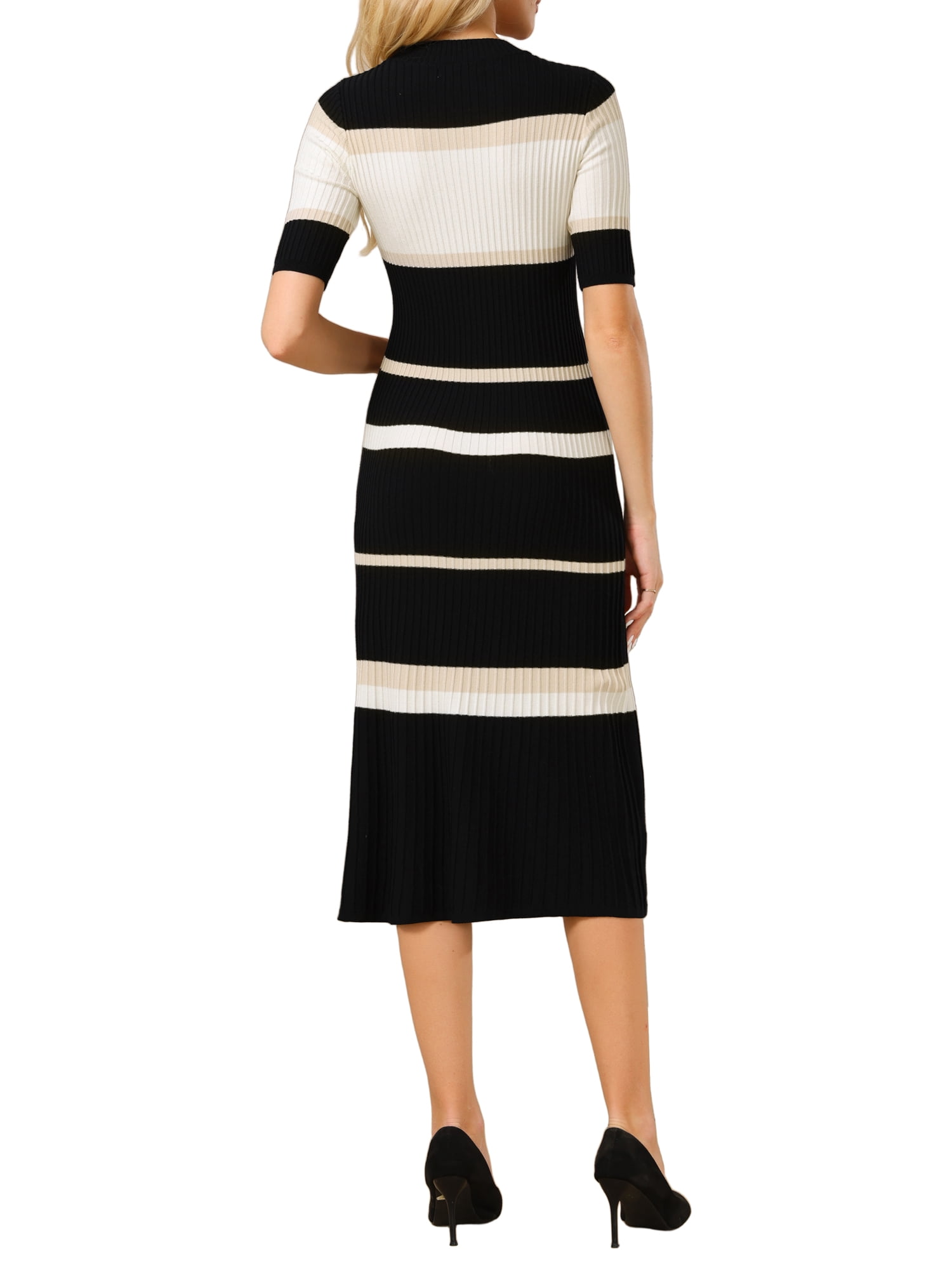 INSPIRE CHIC Women's Knit Striped Dresses Short Sleeve Midi Ribbed