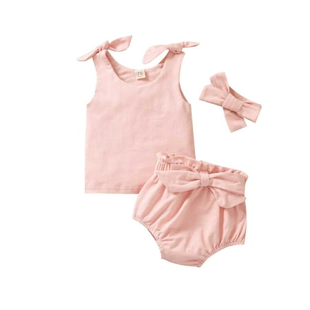 

One opening 3Pcs Baby Girl Summer Outfits Sleeveless Tie Knot Tank Top Vest + Bloomers + Headband Set