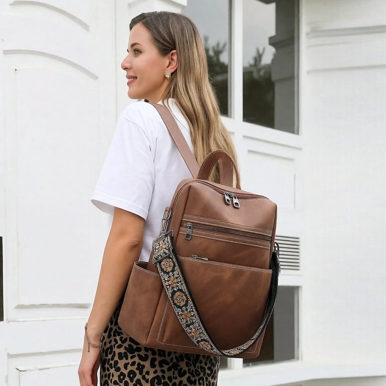 GOIACII Travel Backpack Purse, Vegan Leather Brown photo 2