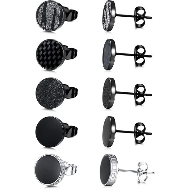 Black Round Stud Earrings Set for Men Women 316L Surgical Stainless