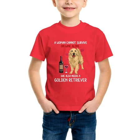 

Envmenst Boys Girls Unisex Short Sleeve T-Shirt A Woman Cannot Survive On Wine Alone Golden Retriever Kids Cotton Casual T Shirt