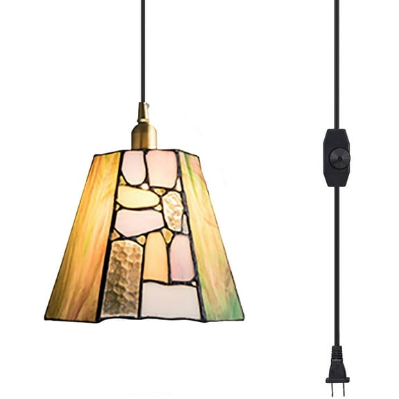 Kiven Plug in Pendant Light, Antiqued Stained Glass Hanging Light Fixture with Brass Lamp Holder, Dimmable Pendant Light for Bedroom Hallway Kitchen Island Reading
