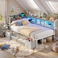 thumbnail image 2 of Upholstered Corner Bed Frame with Storage, 14''H Under LED Daybed Frame with Pull-Out Cabinet and Charging Station & 6 Drawers Underneath for Living Room,Bedroom & Guest Room, White & Oak Grey, 2 of 11