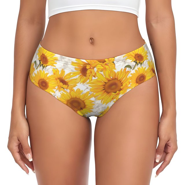 Fotbe White Marble Pattern Sunflower Calzones Estampados para Mujer – Ropa Interior de Algodón, Cómoda, Suave y Elástica-Small