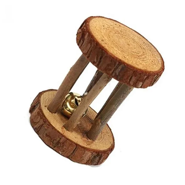 Juguetes de Rol Rodantes para Conejitos, Dumbbells de Madera Natural de Pino con Campana, Juguetes para Roer para Cuyos, Ratas y Mascotas Pequeñas
