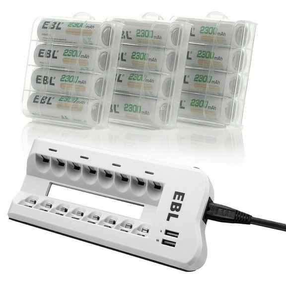 EBL Rechargeable AA Batteries with 8 Bay Charger for AA AAA Ni-MH Ni-CD Batteries with USB Ports, 12 Count