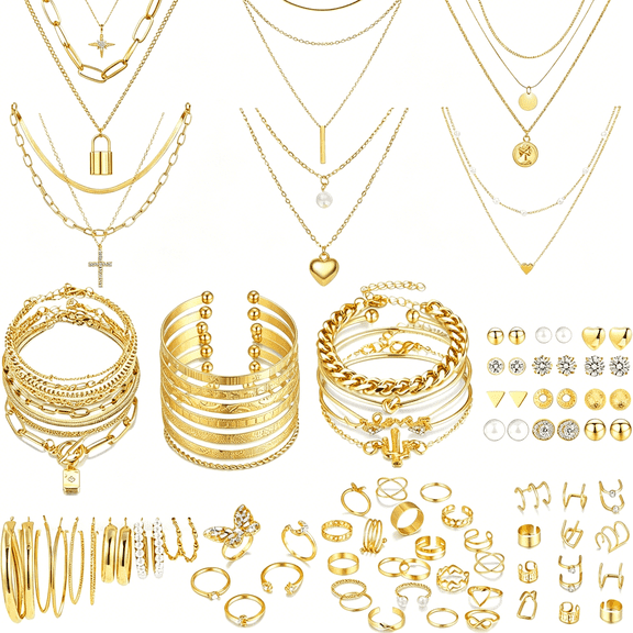 DESIGNICE 93 Pcs Golden Jewelry Set for Women Costume Jewelry Pack Golden Plated Necklace Bracelet Stackable Ring Earrings Jewelry for Christmas New Year
