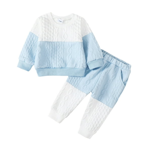 Kucnuzki 12 Months Baby Boy Fall Winter Outfits Pants Sets 18 Months Long Sleeve Color-Blocked Sweatshirt Top Elastic Pants 2PCS Set Blue