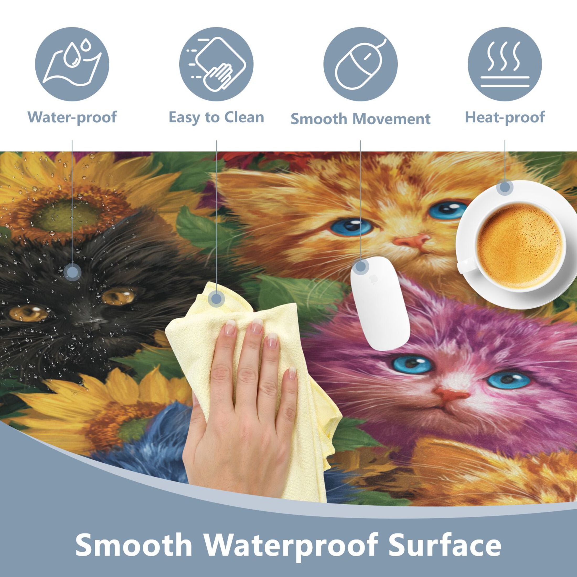 Leather Keyboard and Mouse Desk Mat Office Desk Accessories Protective Office Desk Decor Desk Pad Mat for Gaming, Work from Home, Office Colorful Cat and Sunflowers 16.5" x 35.4"
