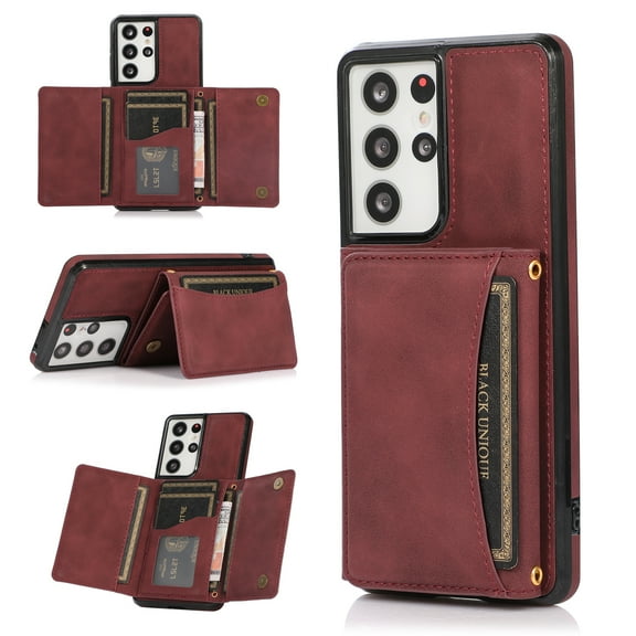Allytech Slim Case for Samsung Galaxy S21 Ultra 5G 6.8 inch 2021, Premium PU Leather Flip Wallet Back Cover with Card Holder Magnetic Button Shockproof Men Women Case for Galaxy S21 Ultra, Winered