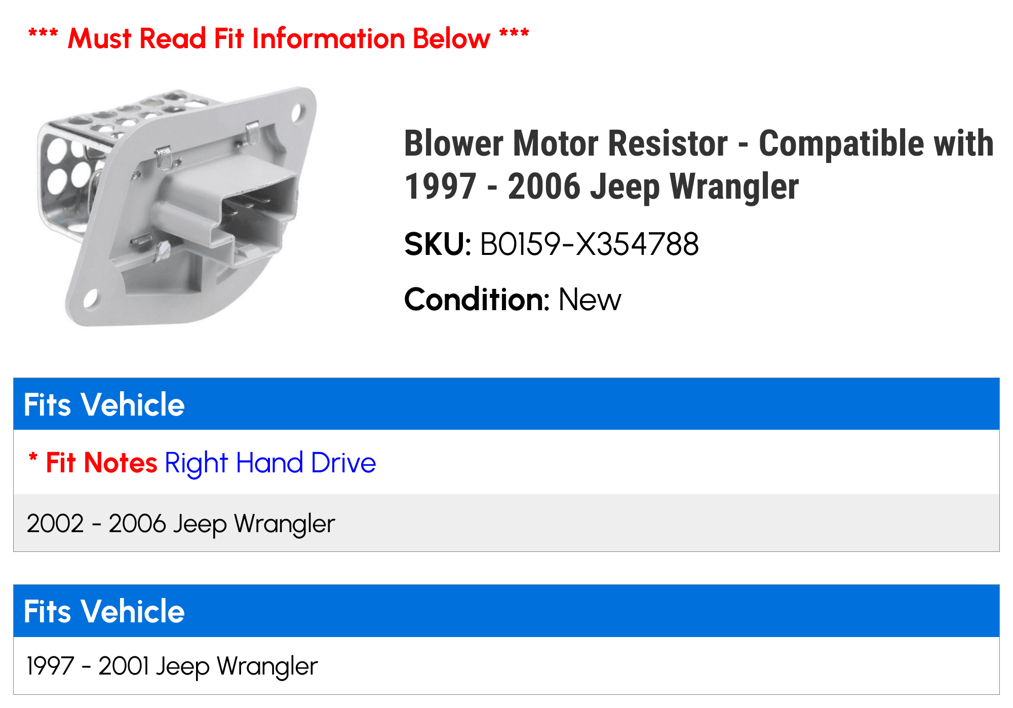 Blower Motor Resistor - Compatible with 1997 - 2006 Jeep Wrangler 1998 1999 2000 2001 2002 2003 2004 2005