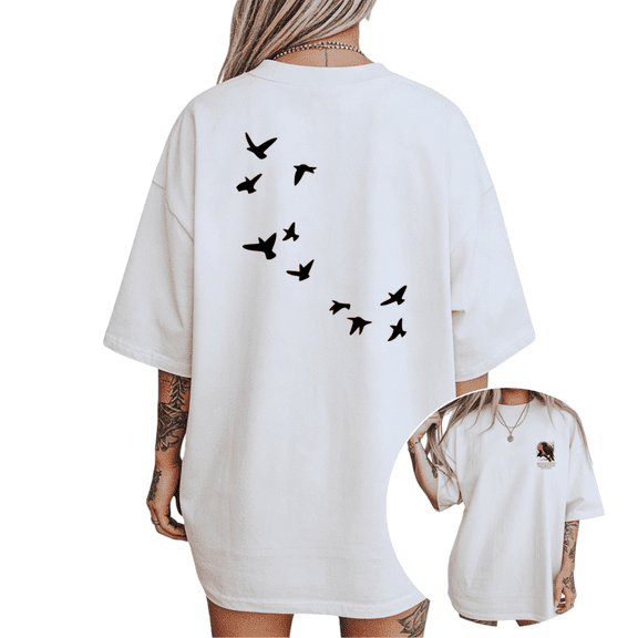 Women's Flying Bird Silhouette Nature Graphic T Shirt Minimalist Bird Lover Print Breathable Short Sleeve Round Neck Top White S-5XL