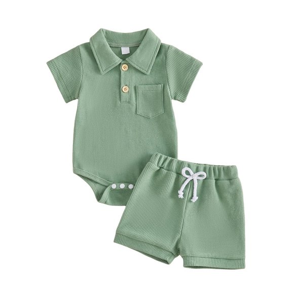 Agkizg Kids Boys Girls Clothing Set 2 Piece Outfit Short Sleeve Romper Button Down Shirt Shorts Set