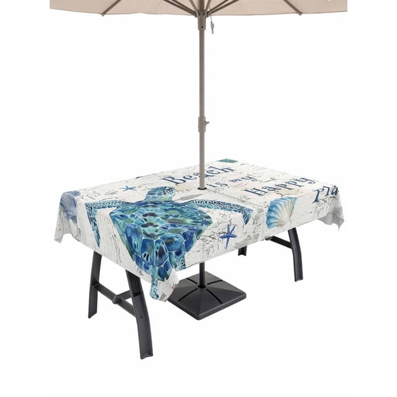 Outdoor Tablecloth with Umbrella Hole for Patio/Picnic/Party/Camping, Ocean Beach Waterproof Table Cloth Rectangle Table Cover Washable, Summer Sea Turtle Coral Shells Wooden Beige (54"x 80")