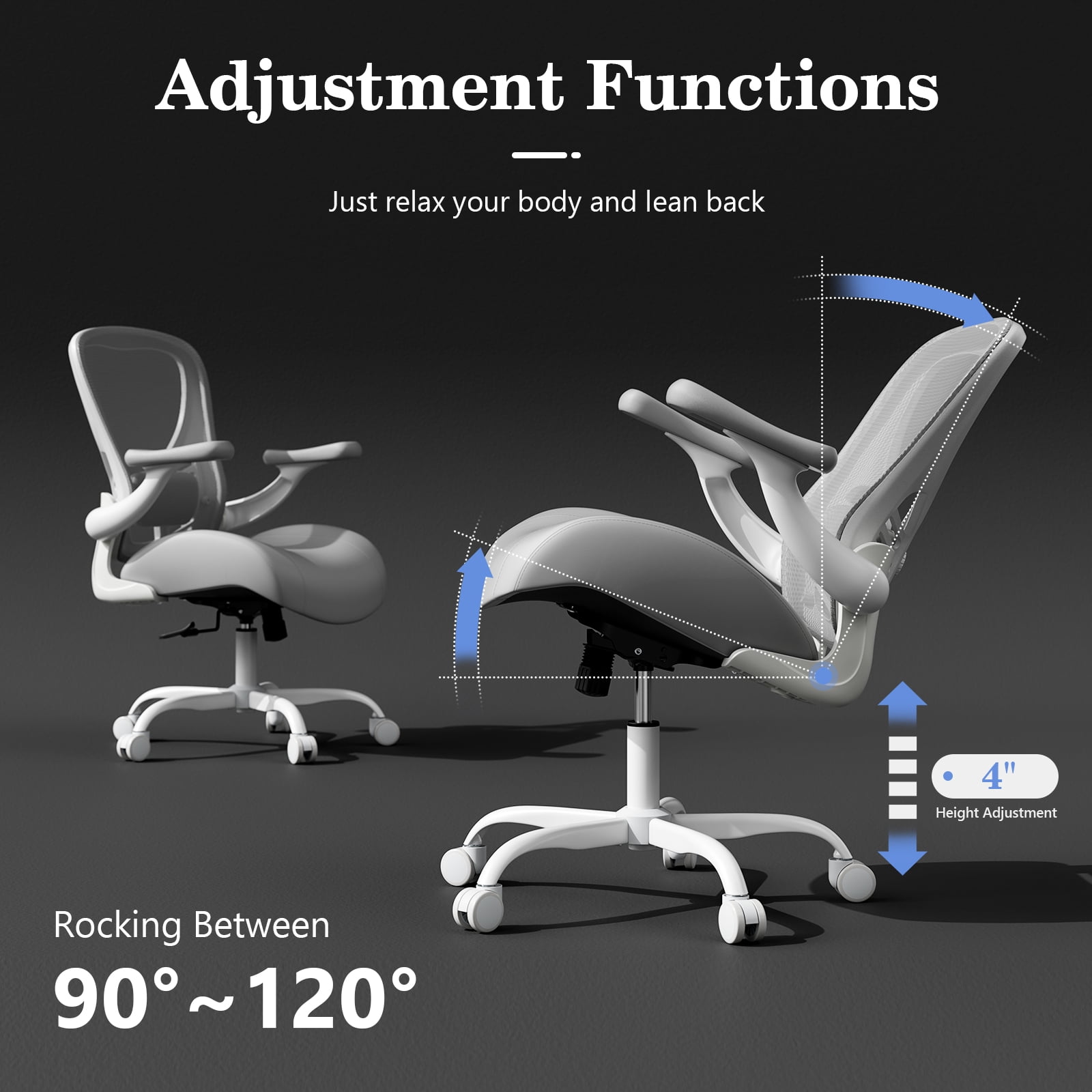 iooHug Ergonomic Home Office Desk Chair with Breathable Mesh Back, Molded PU Leather Seat, Rolling Computer Chair with 3D Flip-Up Arms, Adjustable Lumbar Support, Gray