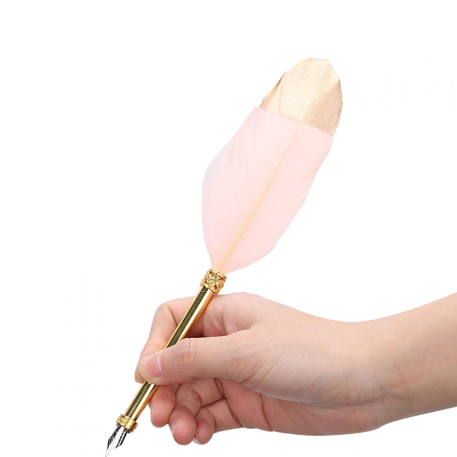 Feather Pen,Dip Feather Pen,Gold and Pink Feather Pen Business Fountain Dipped in Ink Retro British Fancy Calligraphy,There is a spring clip inside,you can easily replace the pen tip,easily to operate