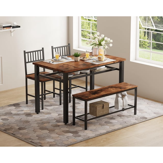 47 Inch Farmhouse Dining Table Set for 4, Modern Kitchen Table with Bench and Chairs, Storage Shelf & Sturdy Metal Frame, Space-Saving Design for Apartment and Kitchen, Brown