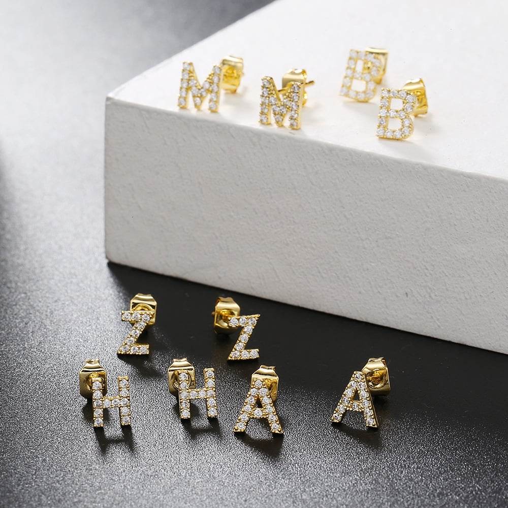MOMOL 14K Gold Plated Initial Earrings Cubic Zirconia Tiny Letter Earrings Personalized Small CZ Stud Earrings for Women Girls 